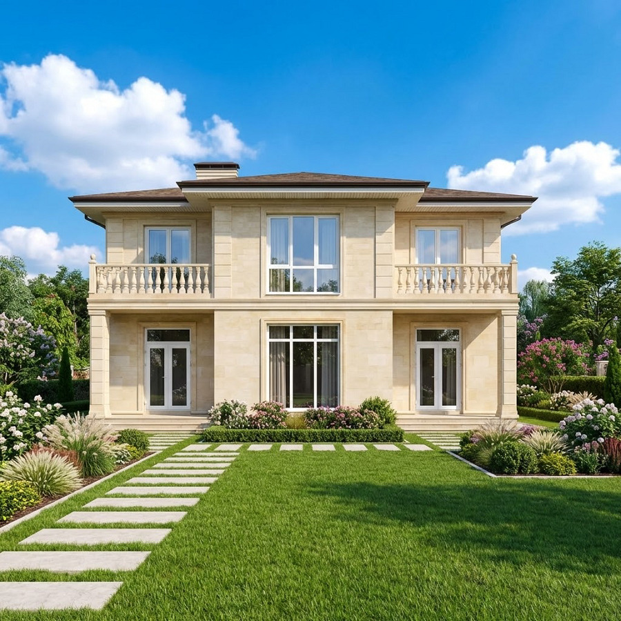 Закончили облицовку дома в Москве, материал облицовки Дагестанский песчаник